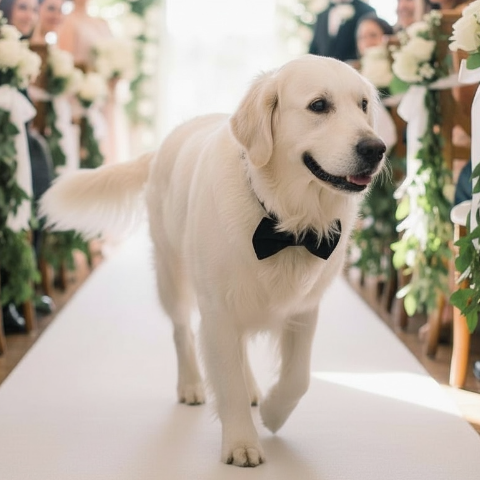 Dog wearing a black dog bow tie for a wedding dog ring bearer standing on a white carpet with floral decorations in the background