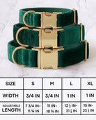 Velvet dog collars with gold buckle hardware arranged above a sizing chart. The chart details four sizes: Small has a width of 3/4 inch and an adjustable length of 7 3/4 to 11 3/4 inches. Medium has a width of 3/4 inch and an adjustable length of 11 to 18 3/4 inches. Large has a width of 1 inch and an adjustable length of 12 1/2 to 21 1/2 inches. Extra Large has a width of 1 inch and an adjustable length of 15 to 23 1/2 inches