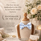 The image is an advertisement for handmade bow ties, featuring a mannequin wearing a blue and white floral bow tie, surrounded by wedding decorations and flowers.