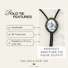 The image is a collage of two images. The first image shows a pendant with a horse and rider, and the second image shows a handcrafted Bolo Tie with a long cord. The text in the image provides details about the Bolo Tie features, such as its handmade nature, the 39-inch long cord, and the pendant being 1.5" (L) x 1.25" (W). The text also describes the perfect addition to one's outfit, emphasizing that the Bolo Tie is a bold and stylish accessory.