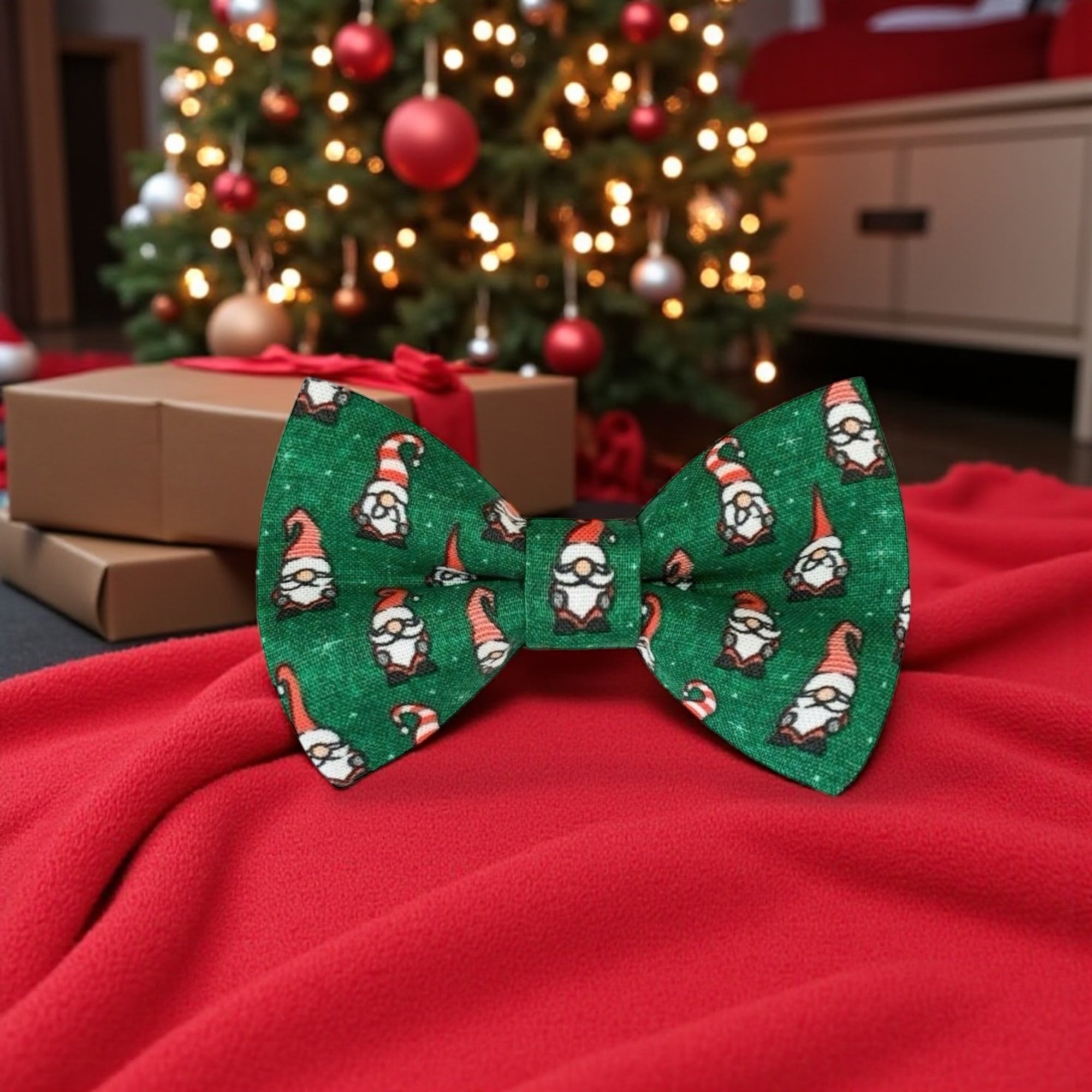 Gnome Green Christmas Hair Bow surrounded by a Christmas scene
