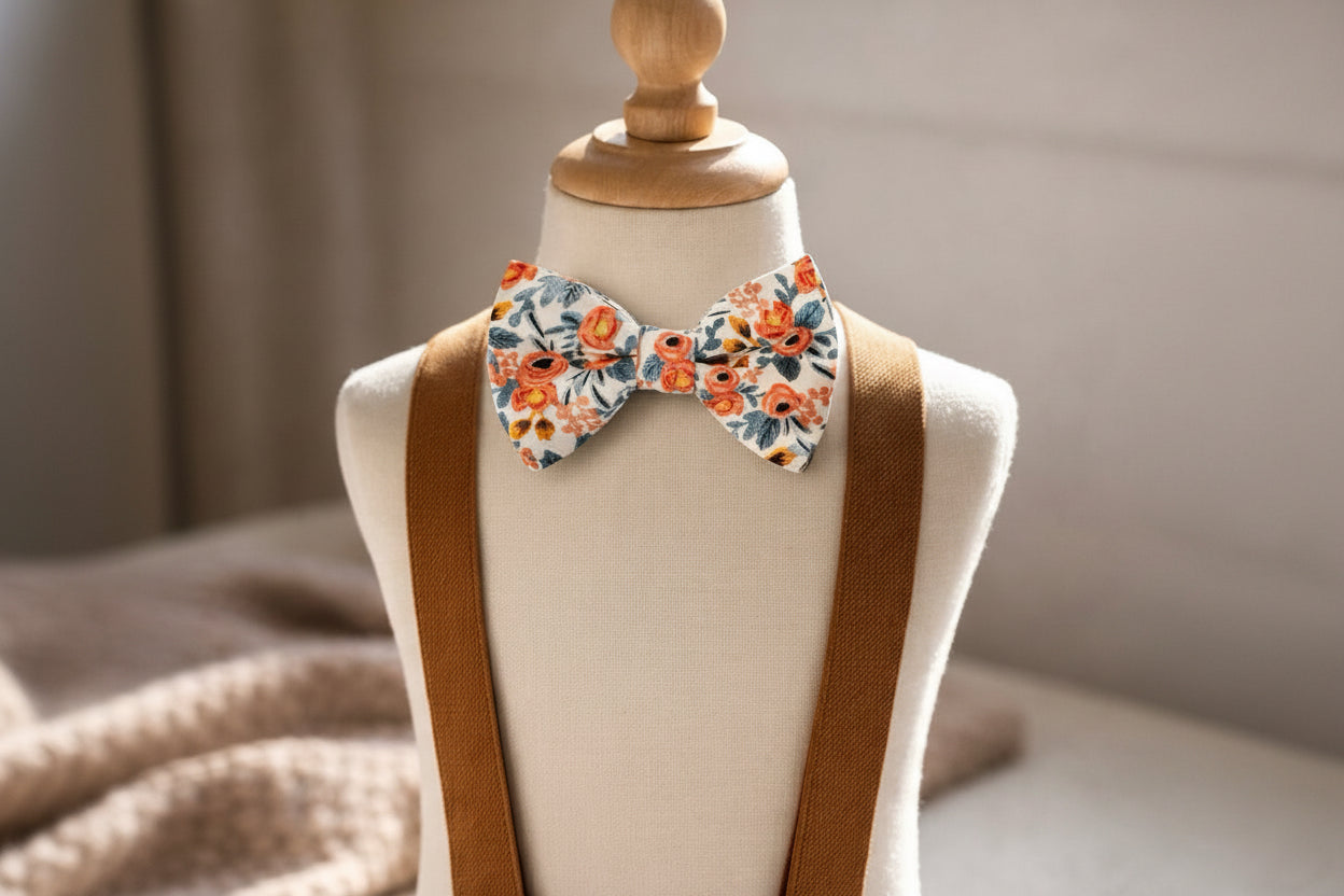 Peach Floral Bow Tie- Rifle Paper Co Garden Party Fabric For wedding accessories, groomsmen ties and ring bearer outfits.