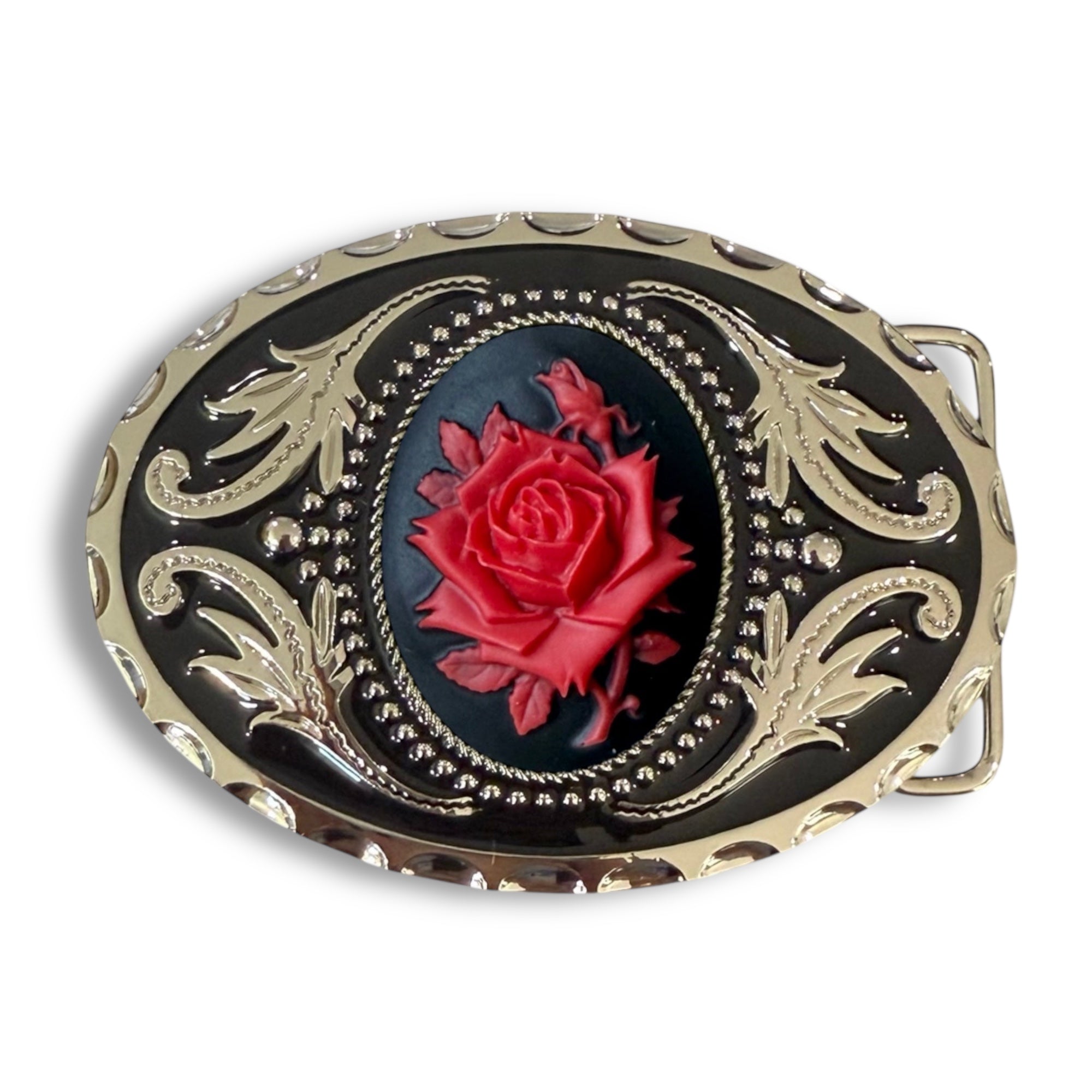 Floral Belt buckle with red rose design on a silver and black background