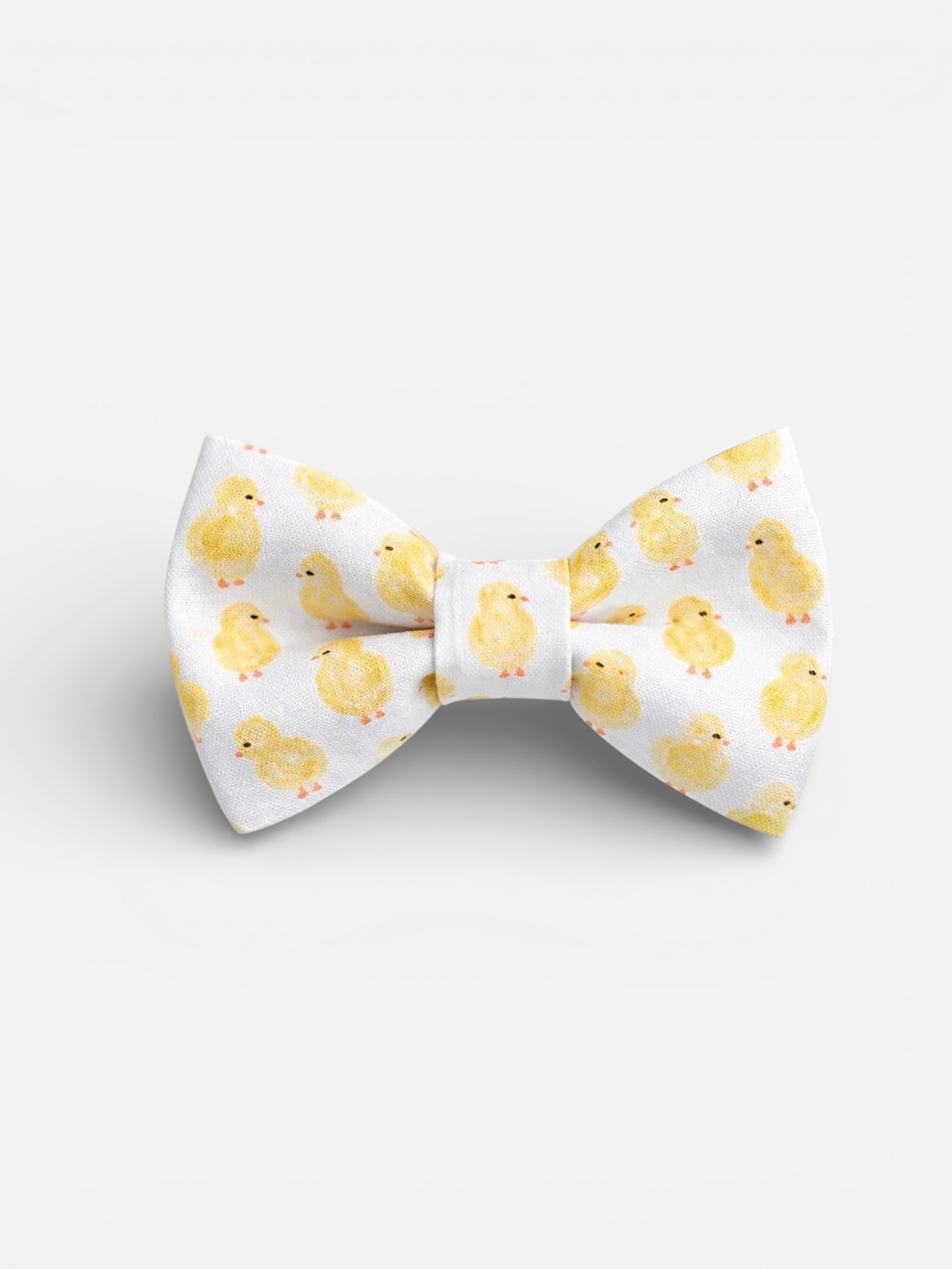 Professional flat lay of a Handmade Yellow Chick Easter Bow Tie for Boys highlighting the perfect Easter Bow Tie for Men and Boys gift set.