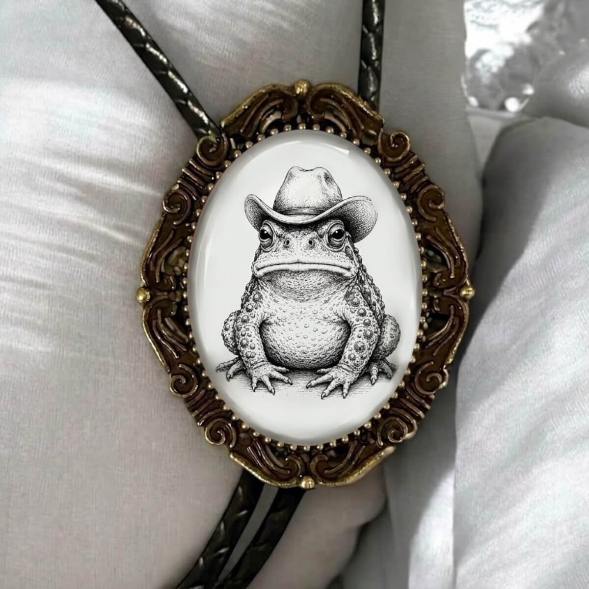 Toad bolo tie with leather cord.