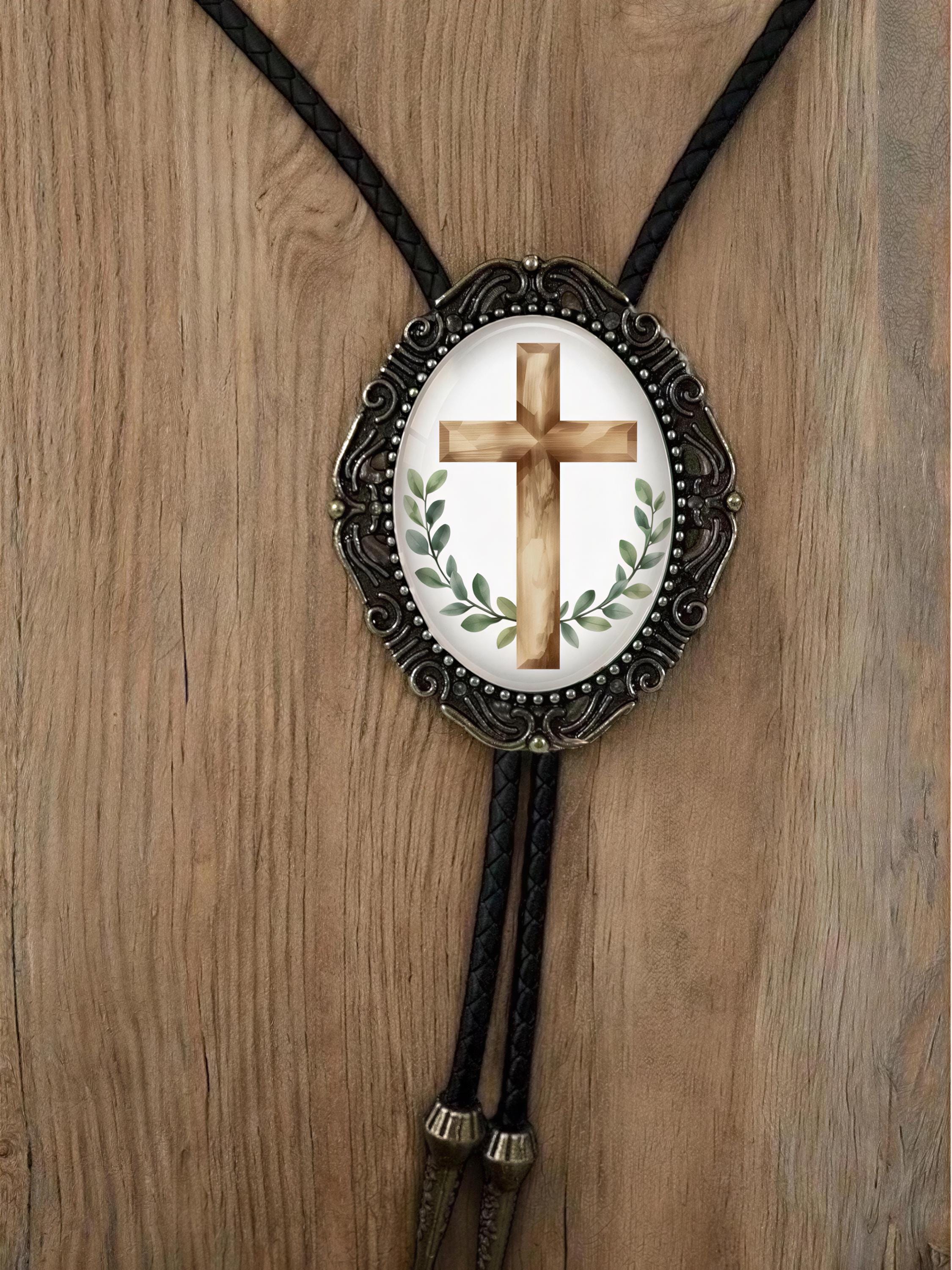 Christian religious neckwear rustic groom groomsmen gift brown faith symbol white background.