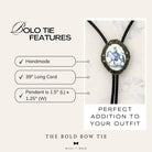 a handcrafted Bolo Tie with a long leather cord, a pendant that is 1.5" (L) x 1.25" (W), and a perfect addition to your outfit.
