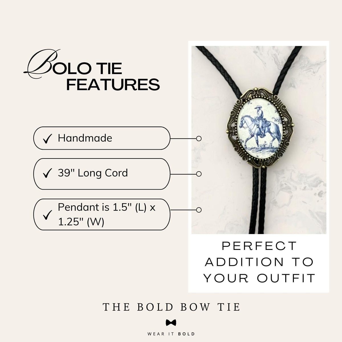 a handcrafted Bolo Tie with a long leather cord, a pendant that is 1.5" (L) x 1.25" (W), and a perfect addition to your outfit.