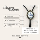 a handcrafted Bolo Tie with a long leather cord, a pendant that is 1.5" (L) x 1.25" (W), and a perfect addition to your outfit.