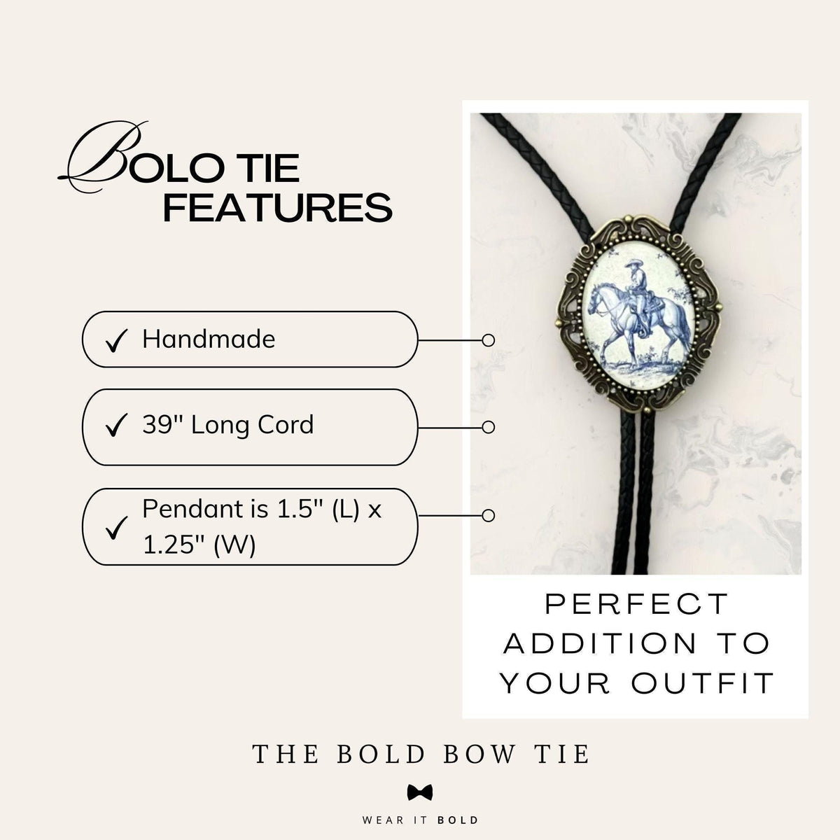 a handcrafted Bolo Tie with a long leather cord, a pendant that is 1.5" (L) x 1.25" (W), and a perfect addition to your outfit.