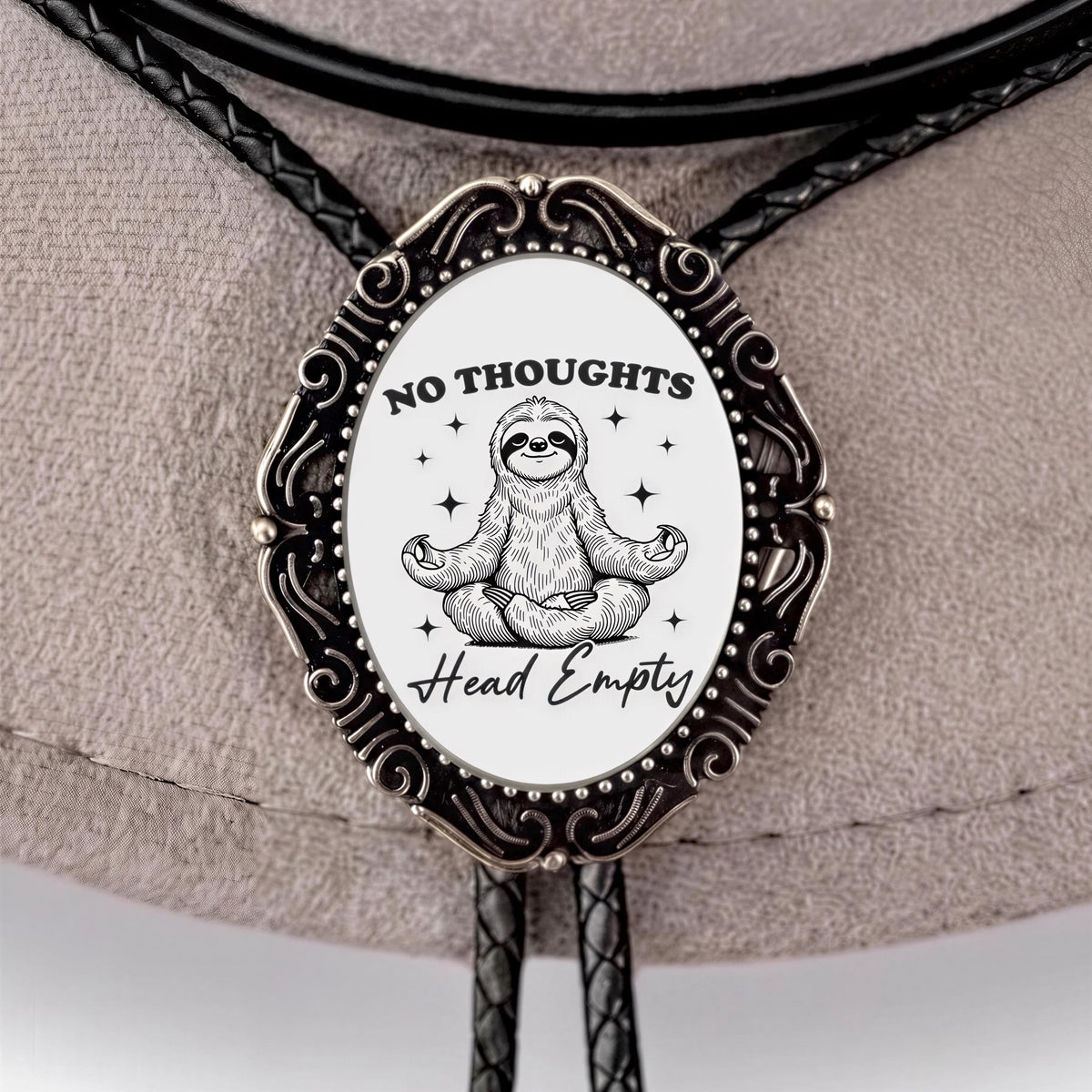 Funny bolo tie with "NO THOUGHTS Head Empty" on it.