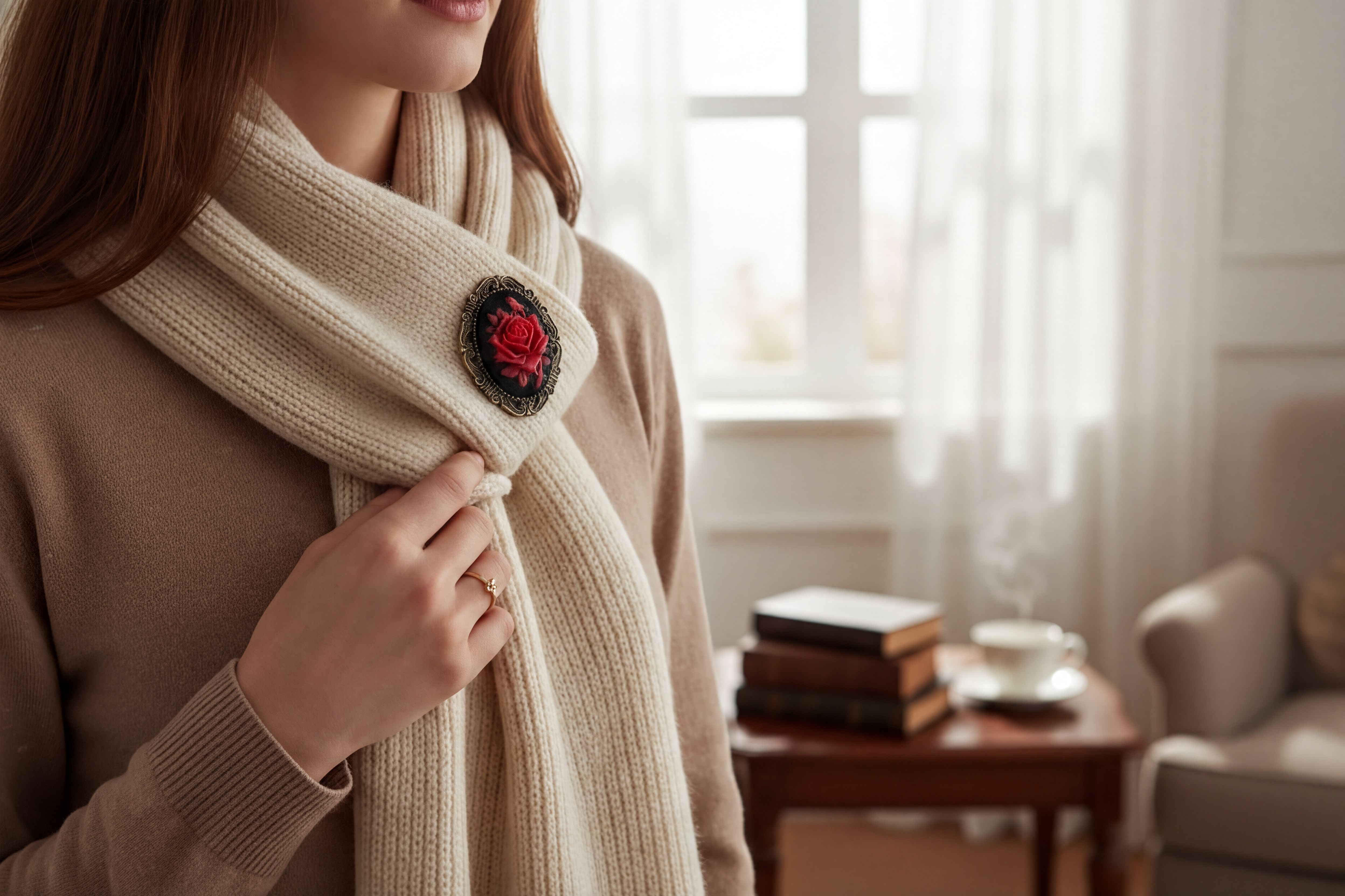 Person wearing a beige scarf with a red rose brooch in a cozy living room.