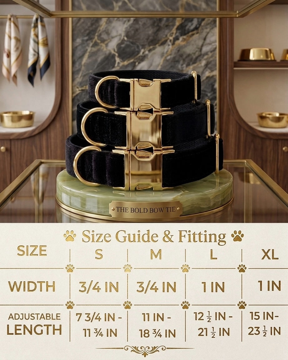 Velvet dog collars with gold buckle hardware arranged above a sizing chart. The chart details four sizes: Small has a width of 3/4 inch and an adjustable length of 7 3/4 to 11 3/4 inches. Medium has a width of 3/4 inch and an adjustable length of 11 to 18 3/4 inches. Large has a width of 1 inch and an adjustable length of 12 1/2 to 21 1/2 inches. Extra Large has a width of 1 inch and an adjustable length of 15 to 23 1/2 inches