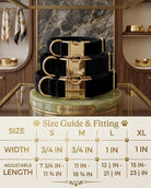 Velvet dog collars with gold buckle hardware arranged above a sizing chart. The chart details four sizes: Small has a width of 3/4 inch and an adjustable length of 7 3/4 to 11 3/4 inches. Medium has a width of 3/4 inch and an adjustable length of 11 to 18 3/4 inches. Large has a width of 1 inch and an adjustable length of 12 1/2 to 21 1/2 inches. Extra Large has a width of 1 inch and an adjustable length of 15 to 23 1/2 inches