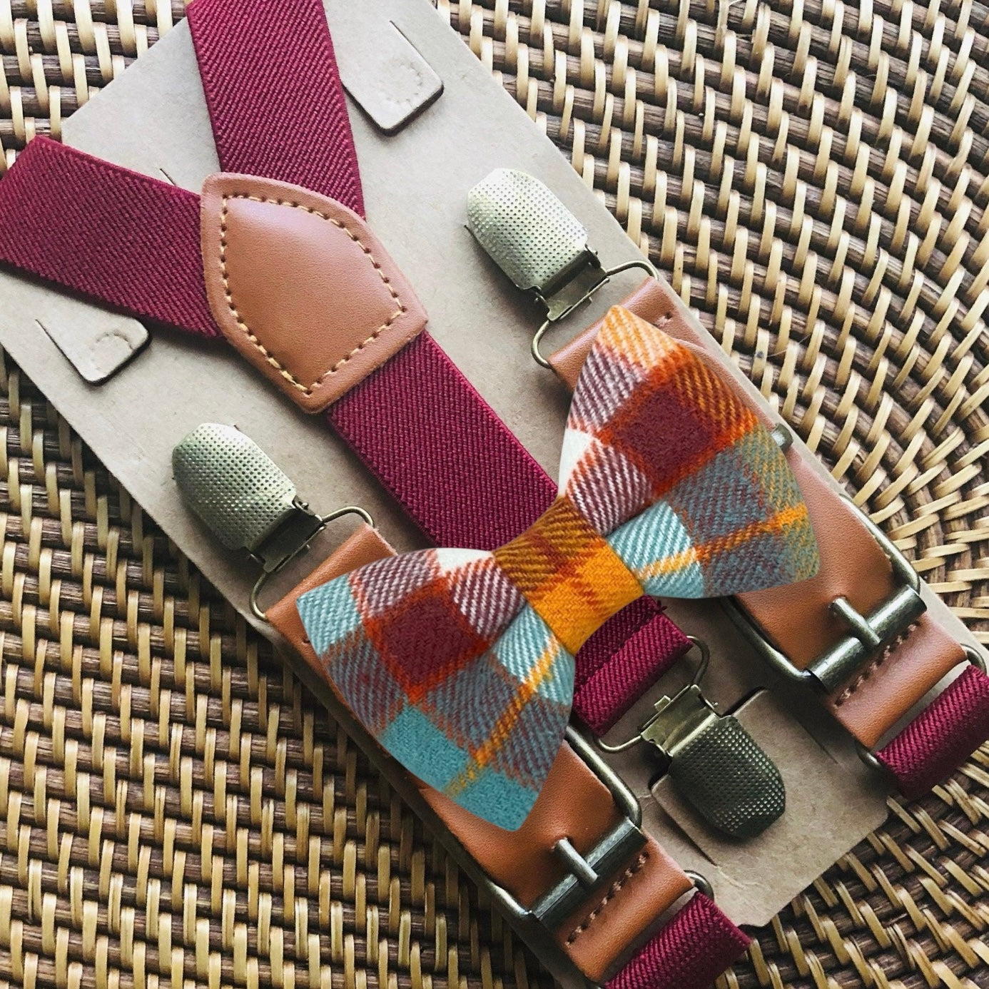 Fall Plaid Bow Tie in Orange and Blue & Cognac Suspenders Set