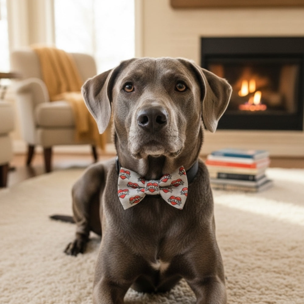 Dog wearing a Valentine’s Day dog bow tie in a cozy living room with a fireplace.