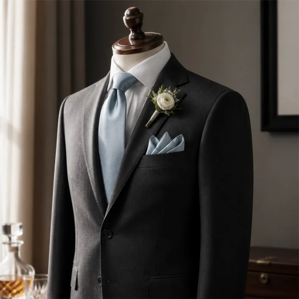 A mannequin wearing a black suit jacket, light blue tie, and a small white flower in a light blue boutonniere.