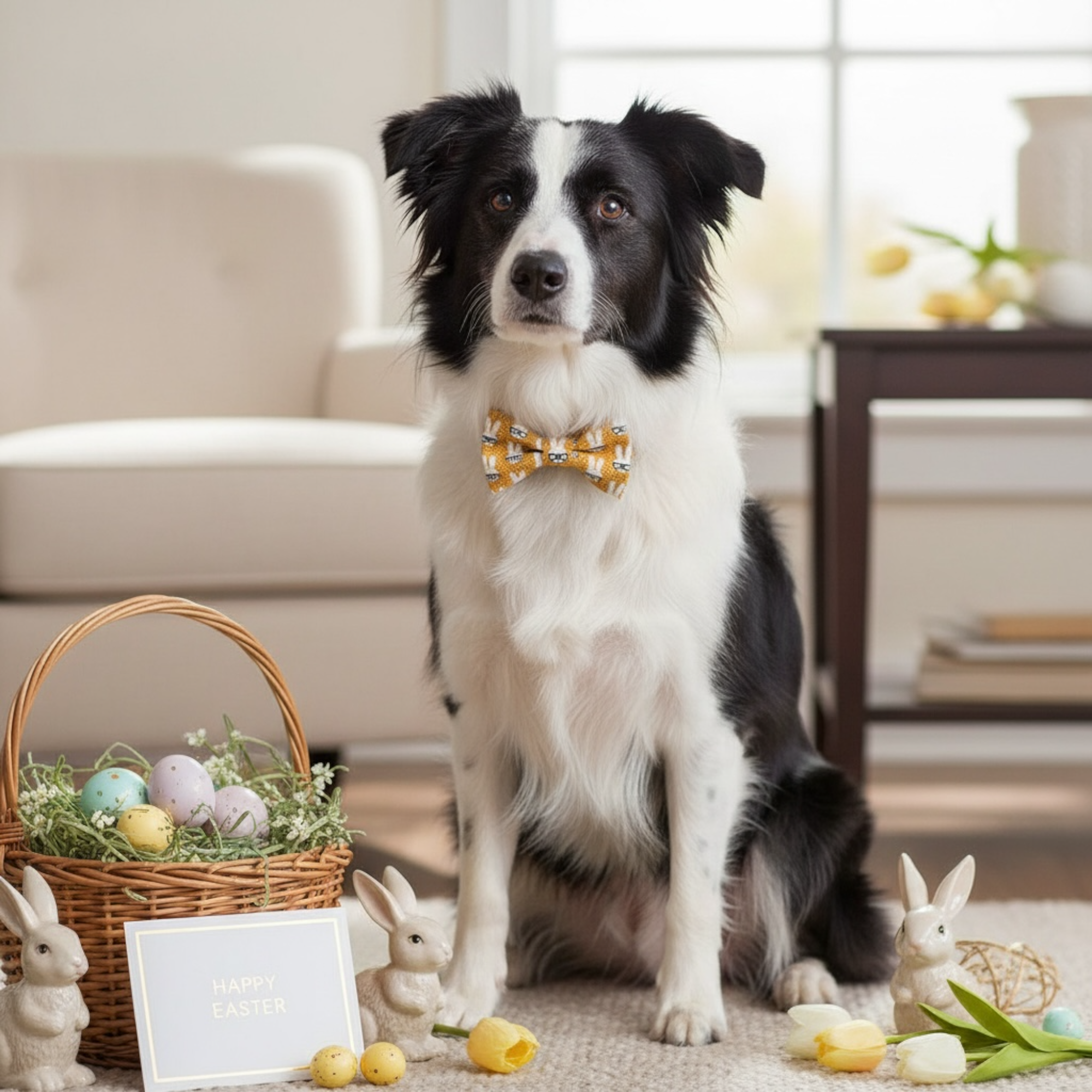 Dog wearing a an Easter dog bow tie sitting in a living room with Easter decorations.