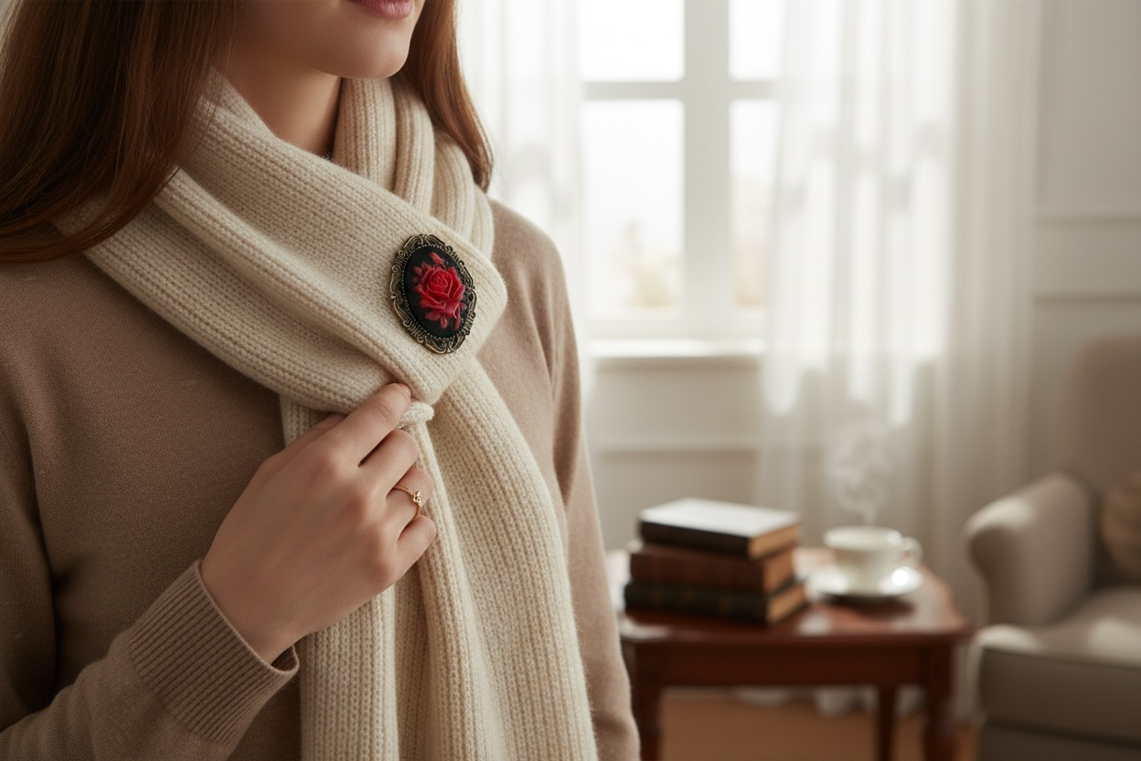 Person wearing a beige scarf with a red rose brooch in a cozy living room.