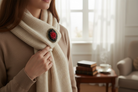 Person wearing a beige scarf with a red rose brooch in a cozy living room.