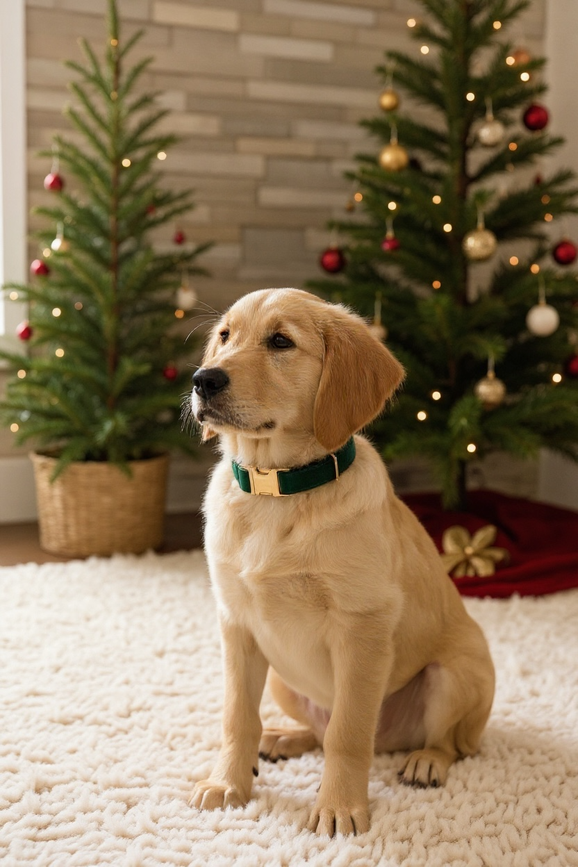 Dog sitting on a carpet wearing a green velvet dog collar with Christmas trees decorated with ornaments in the background.