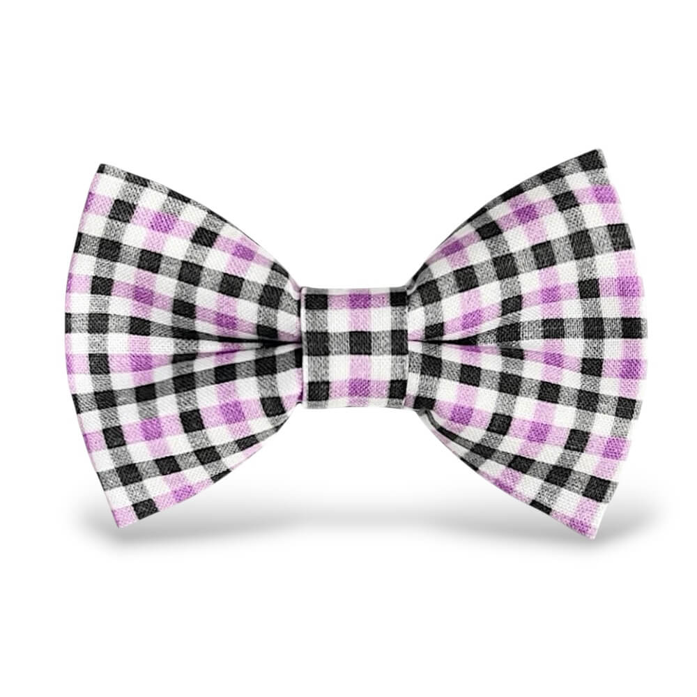 A pre-tied Halloween bow tie featuring a black, white, and light purple gingham checkered pattern, presented on a clean white background with a soft drop shadow.