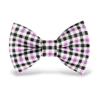 A pre-tied Halloween bow tie featuring a black, white, and light purple gingham checkered pattern, presented on a clean white background with a soft drop shadow.