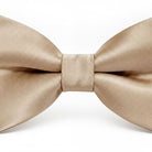 A close-up image of a beige bow tie against a white background.