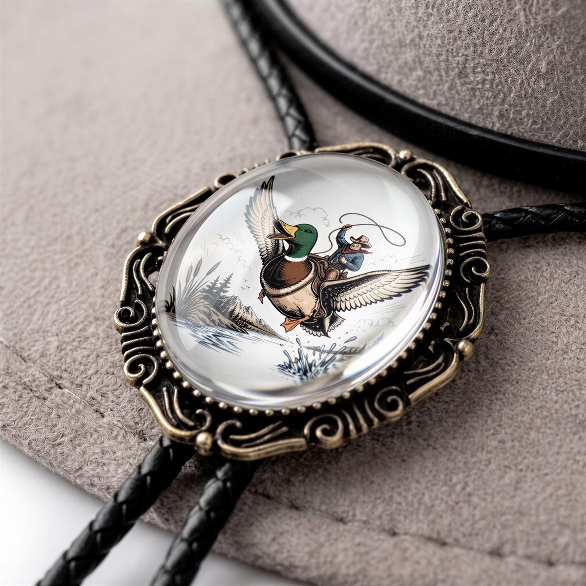 A decorative bola with a clear glass center, featuring an illustration of a bird in flight.