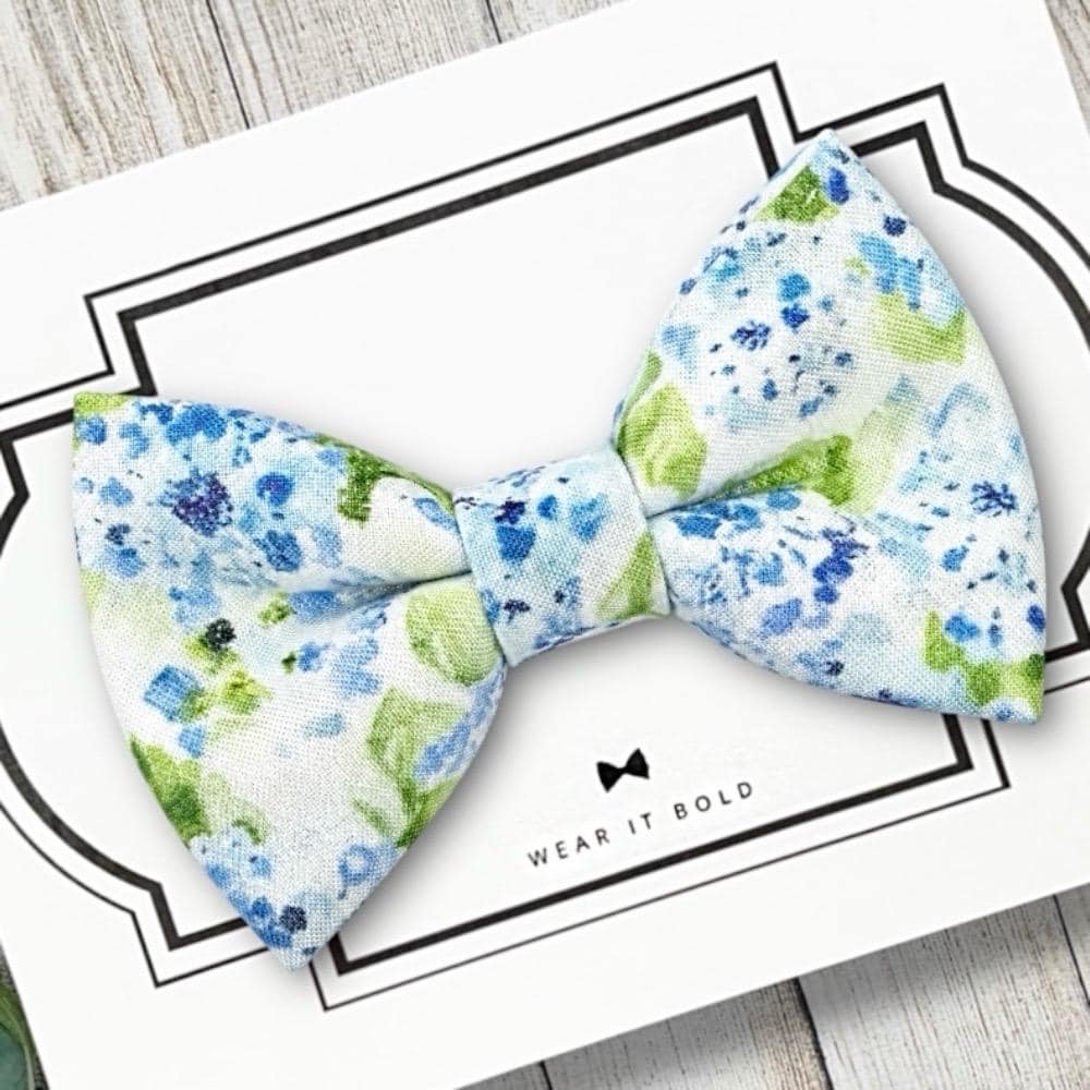 Dusty blue floral dog bow tie attached to a pet collar, perfect for wedding pets, dog photos, and stylish cat bow tie accessories.