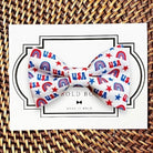 Dog Bow tie with 'USA' and rainbow pattern on a white card with 'The Bold Bow Tie' branding, placed on a woven surface.