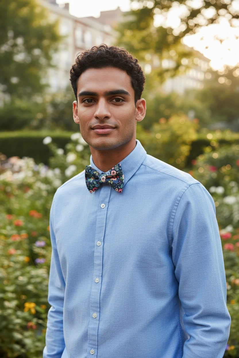 Man wearing a blue shirt and navy floral bow tie standing in a garden for a wedding.