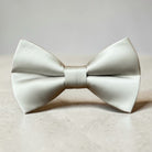 Silver bow tie for men and boys for weddings, groomsmen ties and ring bearers, on a beige surface with a light gray background
