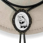A close-up of a decorative biker tie with a picture of a gopher wearing a cowboy hat on it.