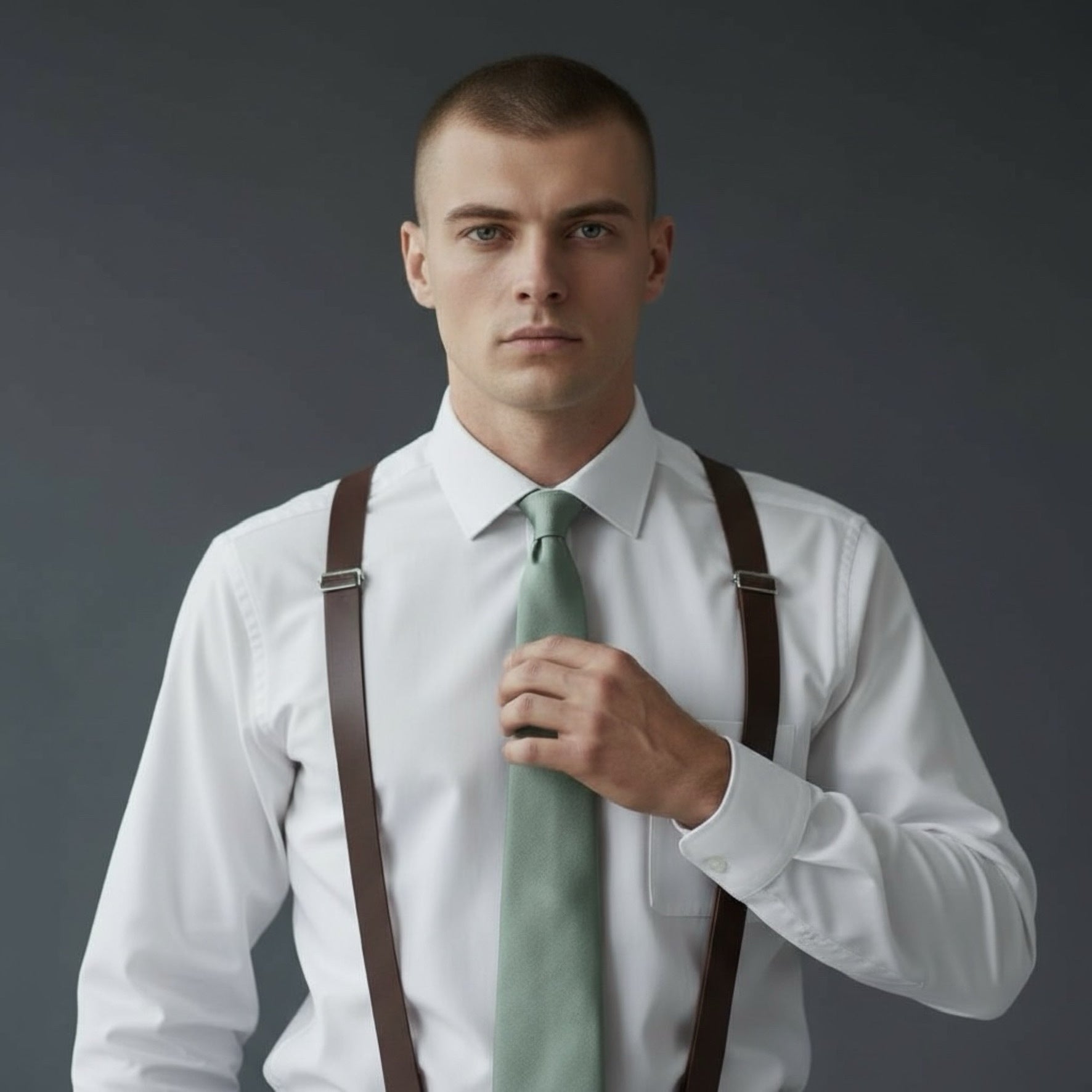 Groomsman wearing a white shirt, Sage green tie, and dark brown suspenders for a wedding party.