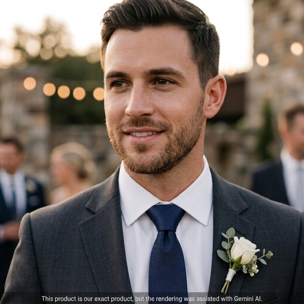Groomsman in a navy tie in a suit with a white flower boutonniere at an outdoor event.