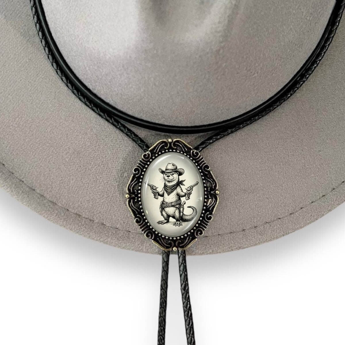 Bolo Tie with Otter with Western Leather Cord Cowboy Tie