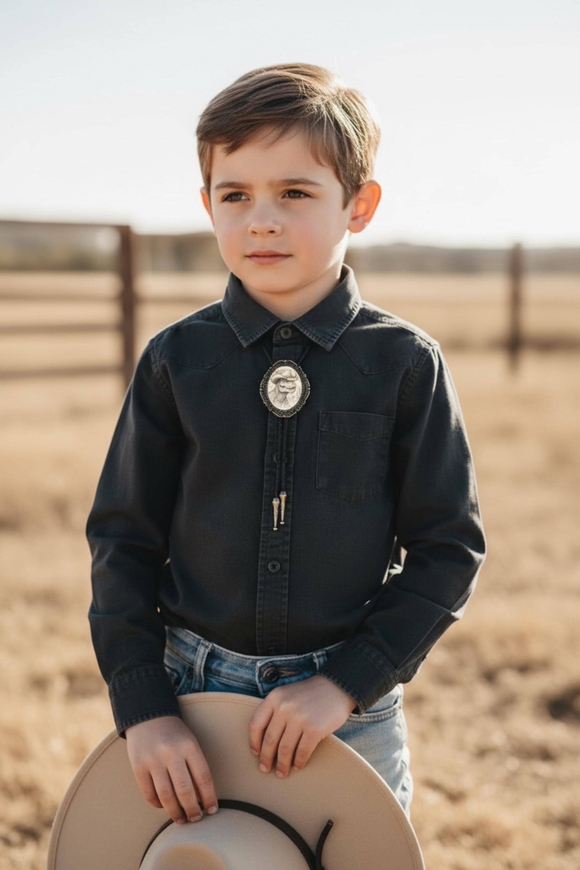 Kid in a denim shirt and cowboy hat wearing a dinosaur kids bolo tie.