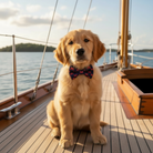 Dog wearing a crab nautical bow tie on a boat with water and sky in the background