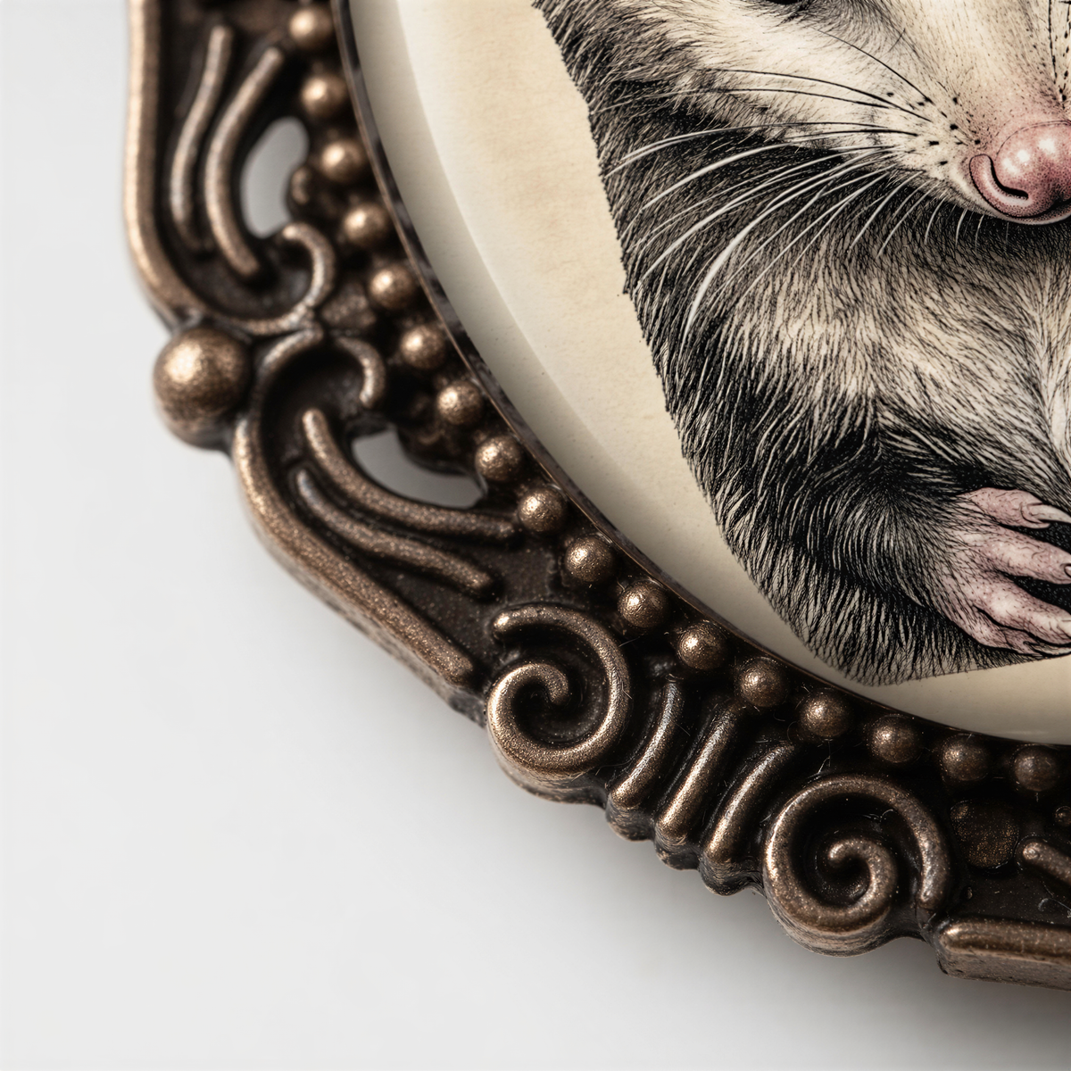 a close-up view of a detailed illustration of a small animal, possibly a rodent or a bird, with intricate details and textures.