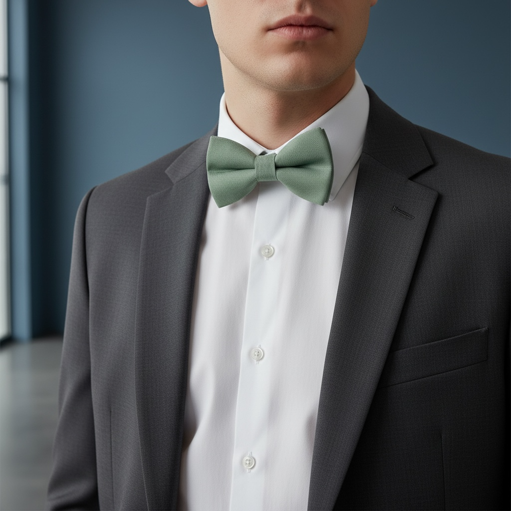 Groomsman wearing a gray suit with a white shirt and Sage green bow tie against a dark background