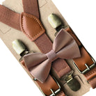 Taupe bow tie and suspenders for boys men groomsmen in a wedding and babies.