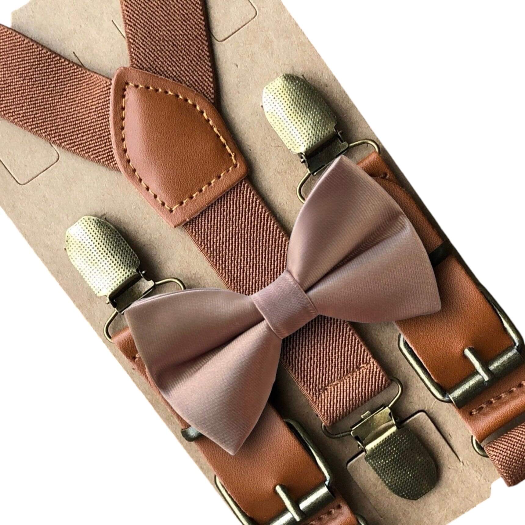 Taupe bow tie and suspenders for boys men groomsmen in a wedding and babies.