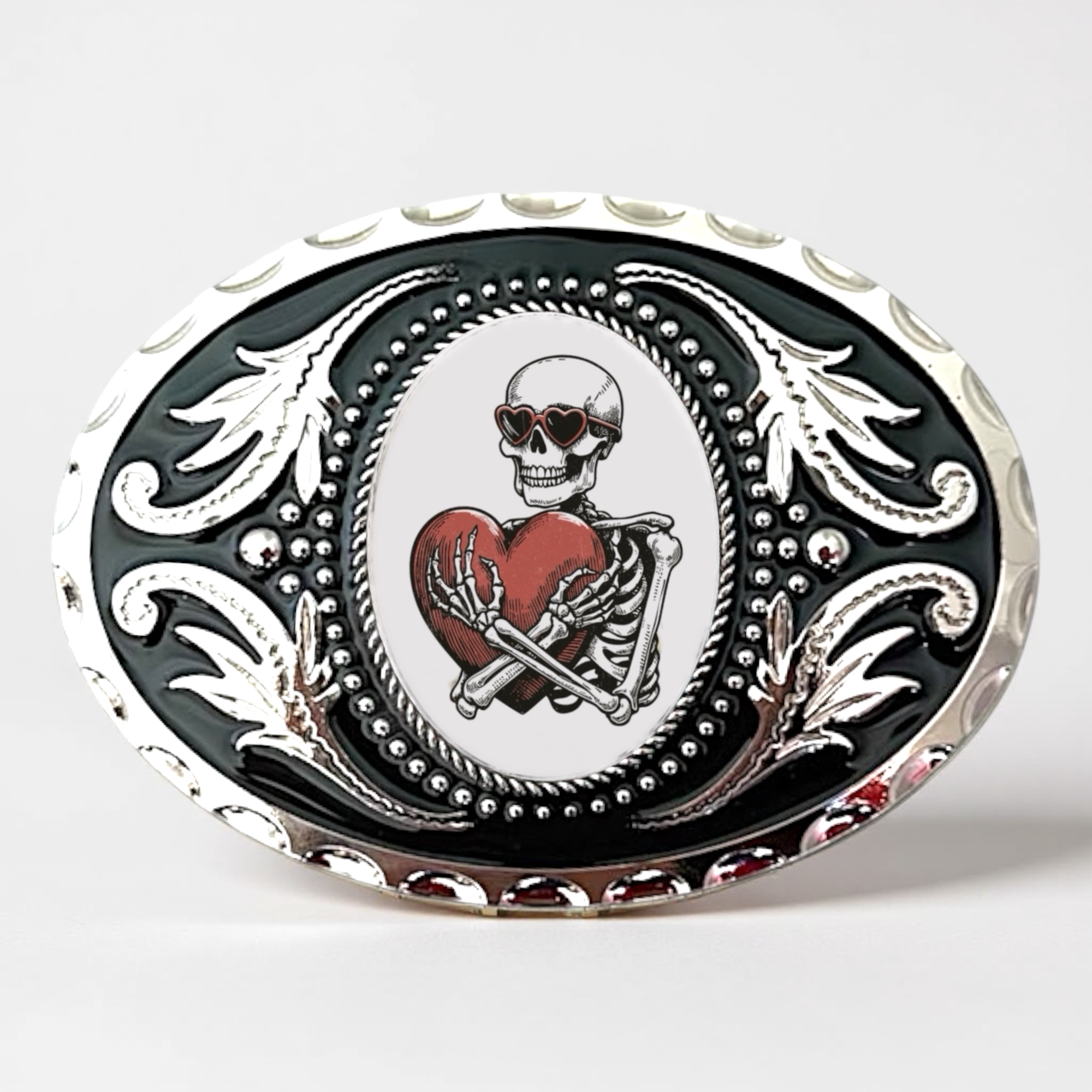 Skeleton Belt Buckle with Hearts, Valentine Western Accessory