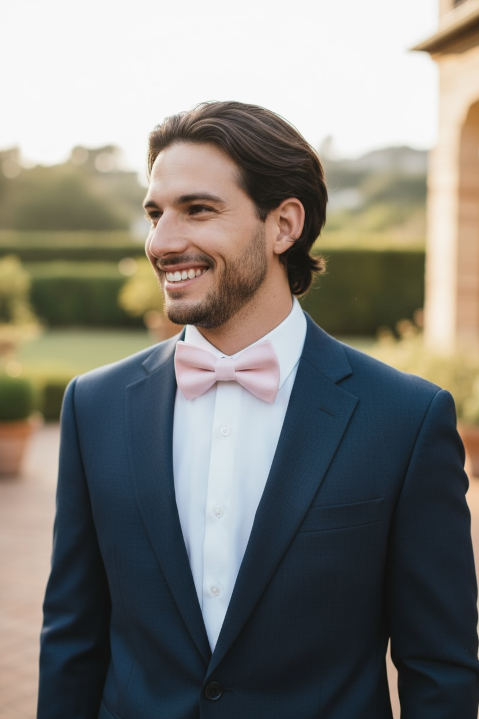 Groomsman wearing a light blush pink bow tie for a wedding.