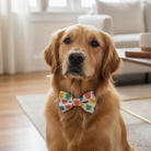 Golden retriever wearing a colorful Valentine’s Day dog bow tie with conversation hearts.
