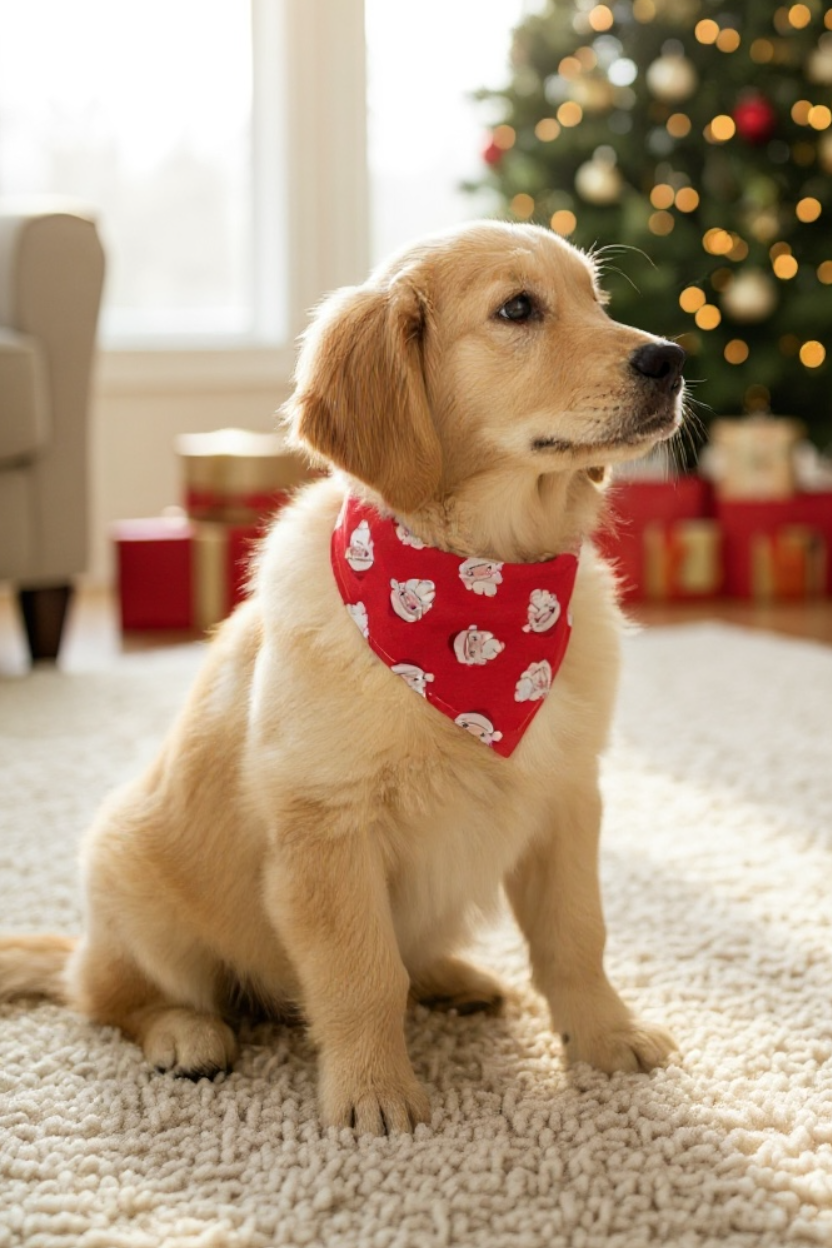 Puppy in a Christmas dog bandana.