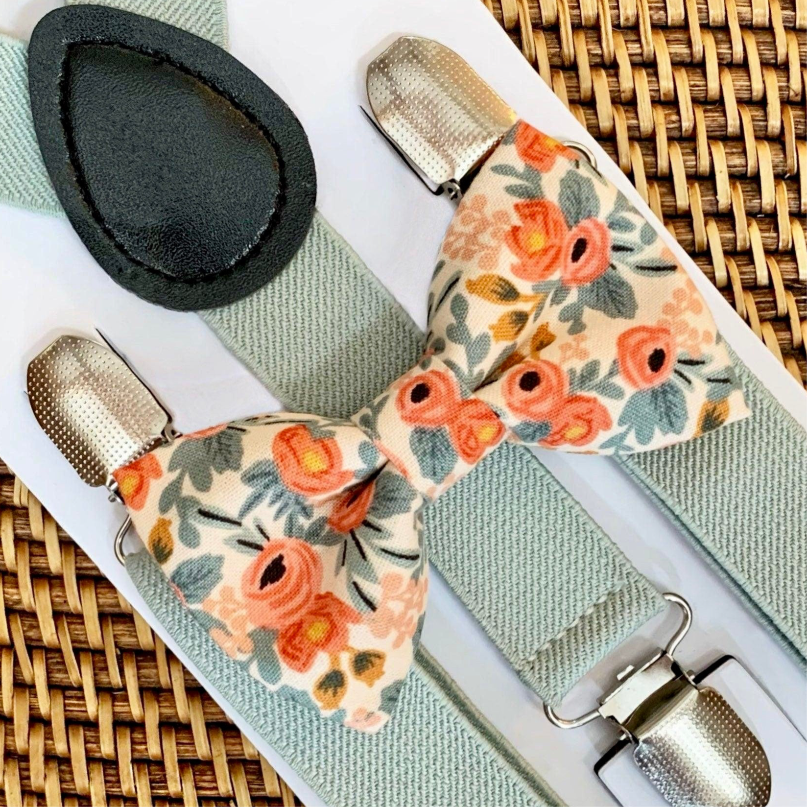 Peach Rifle Paper Co Garden Party fabric Bow Tie & Sage Suspenders Set for weddings groomsmen, and ring bearers.