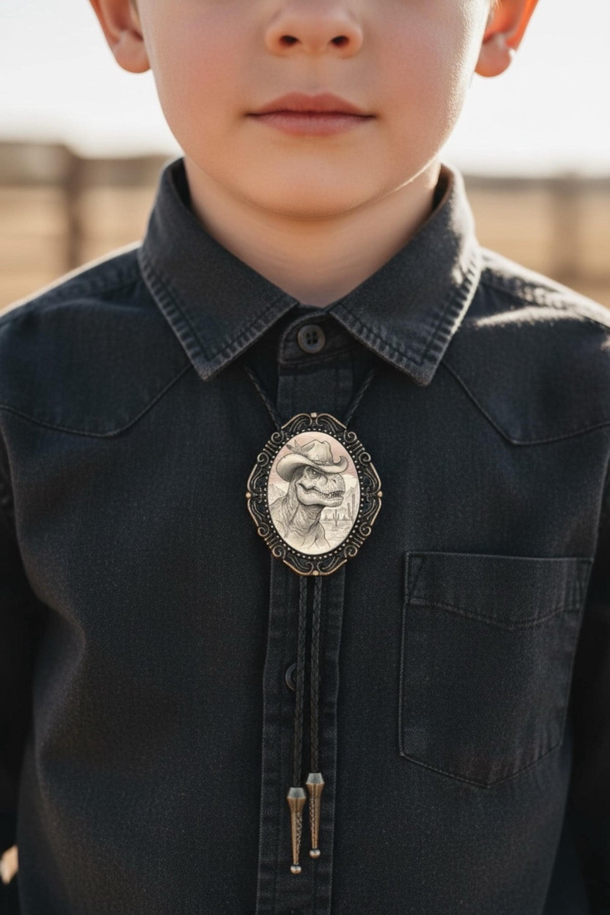Young boy wearing a dinosaur bolo tie with a denim shirt.
