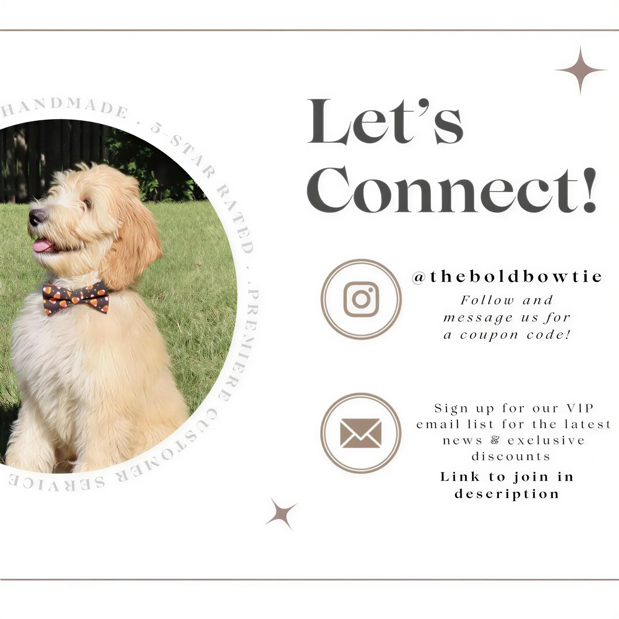 Dog wearing an orange and black polka dot bow tie inside a circular photo on a white background